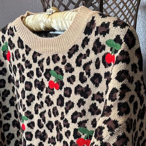 New! Leopard & Embroidered Cherry Crewneck One-Size Sweater Measurements Below - Picture 11 of 16